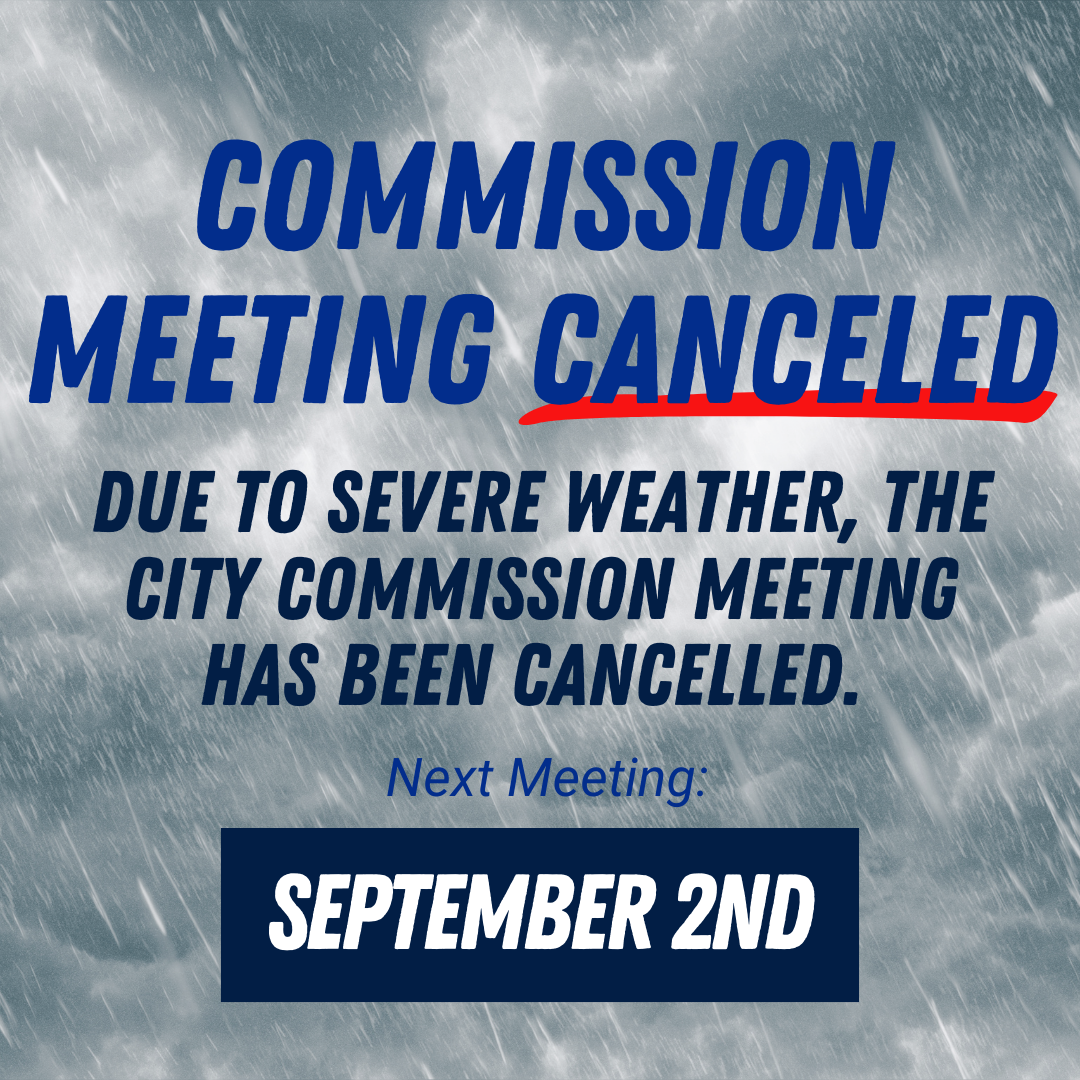 Graphic notice with a stormy rain background. Large bold text reads: “Commission Meeting Canceled.” 