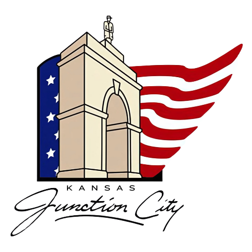Junction City Logo with war memorial and American flag